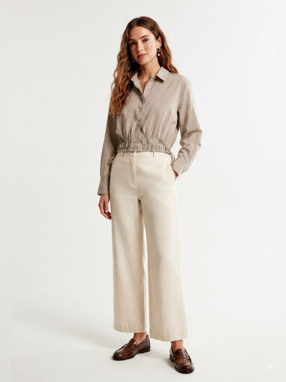 Mustard Seed Taupe Beige Cropped Long Sleeve Button Down Shirt Small NWT